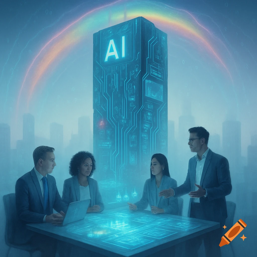 Business professionals meet at a glowing holographic table in a futuristic city with an AI building and digital rainbow.