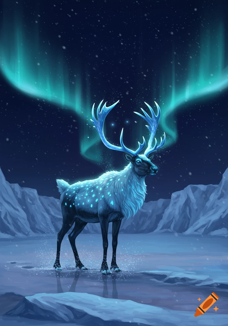 A glowing blue reindeer with large antlers stands in a snowy arctic landscape under a vibrant green aurora borealis night sky, digital art.
