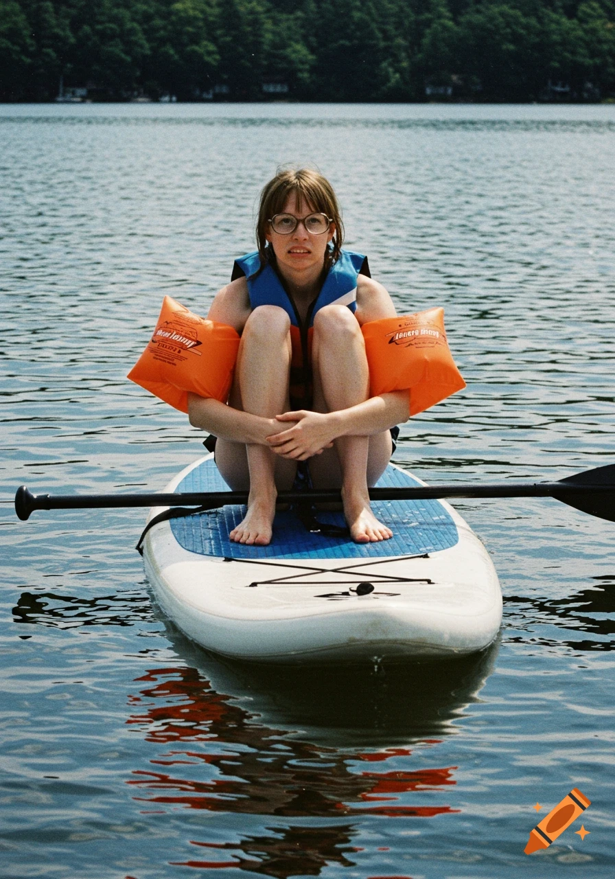 A woman with bangs and glasses, wearing a lifejacket and water wings, sits with knees up on a paddleboard in a lake, making a nervous face, in an early 2000s digital photo style.