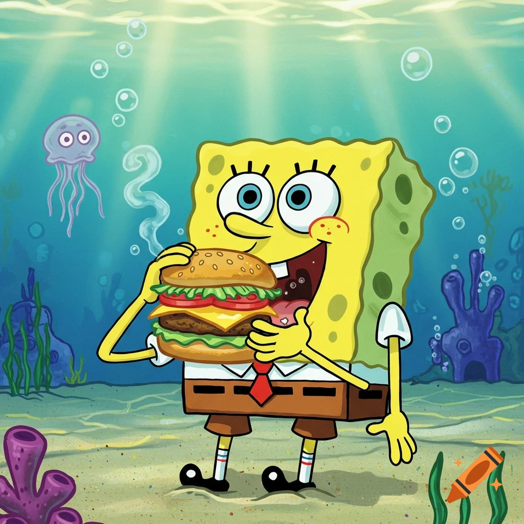 Spongebob Squarepants, a yellow cartoon sponge, happily eats a large double cheeseburger underwater with a purple jellyfish nearby.