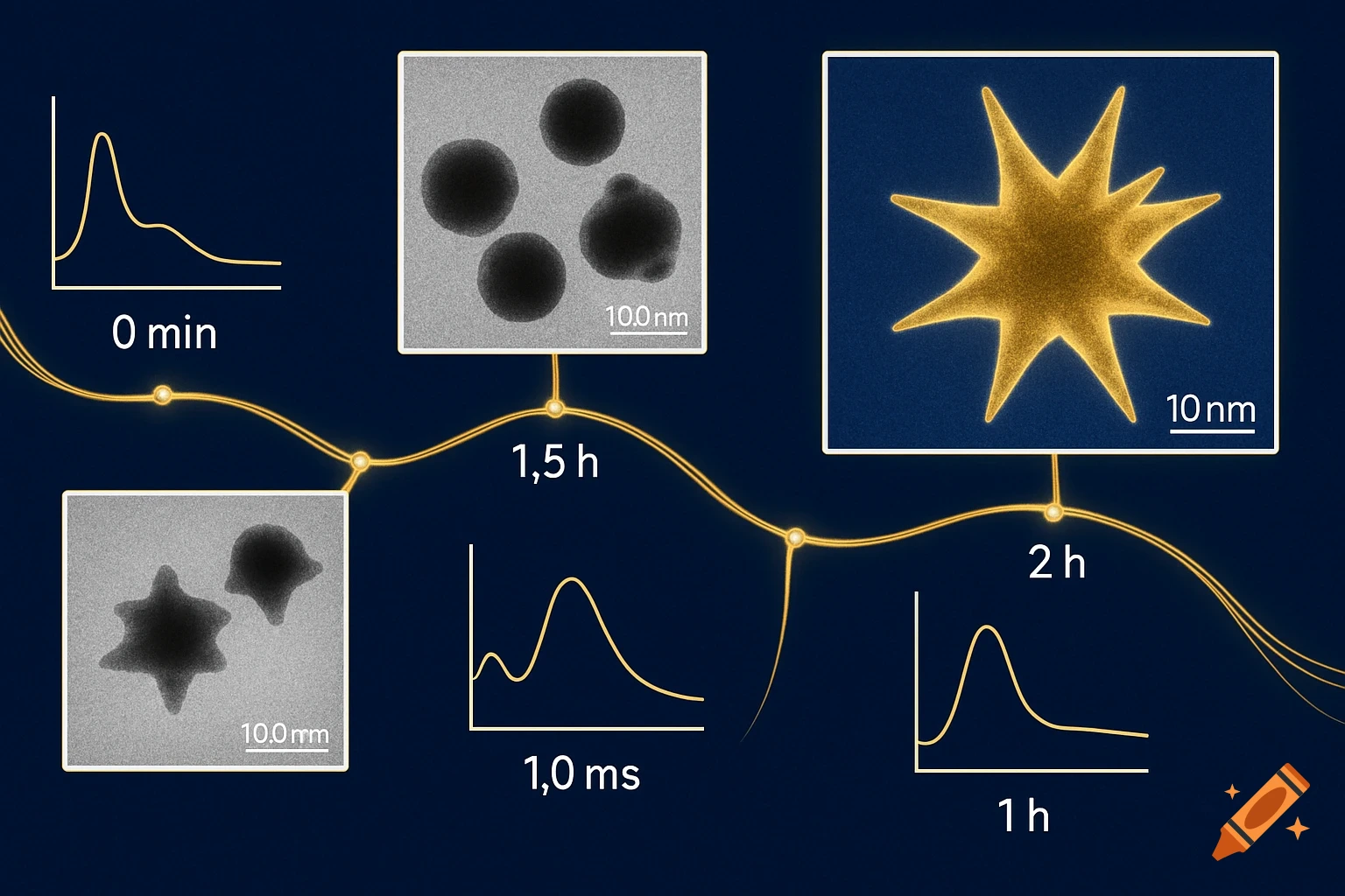Scientific diagram showing the real-time formation of gold nanostars with TEM images at different time points and corresponding UV-Vis spectra.