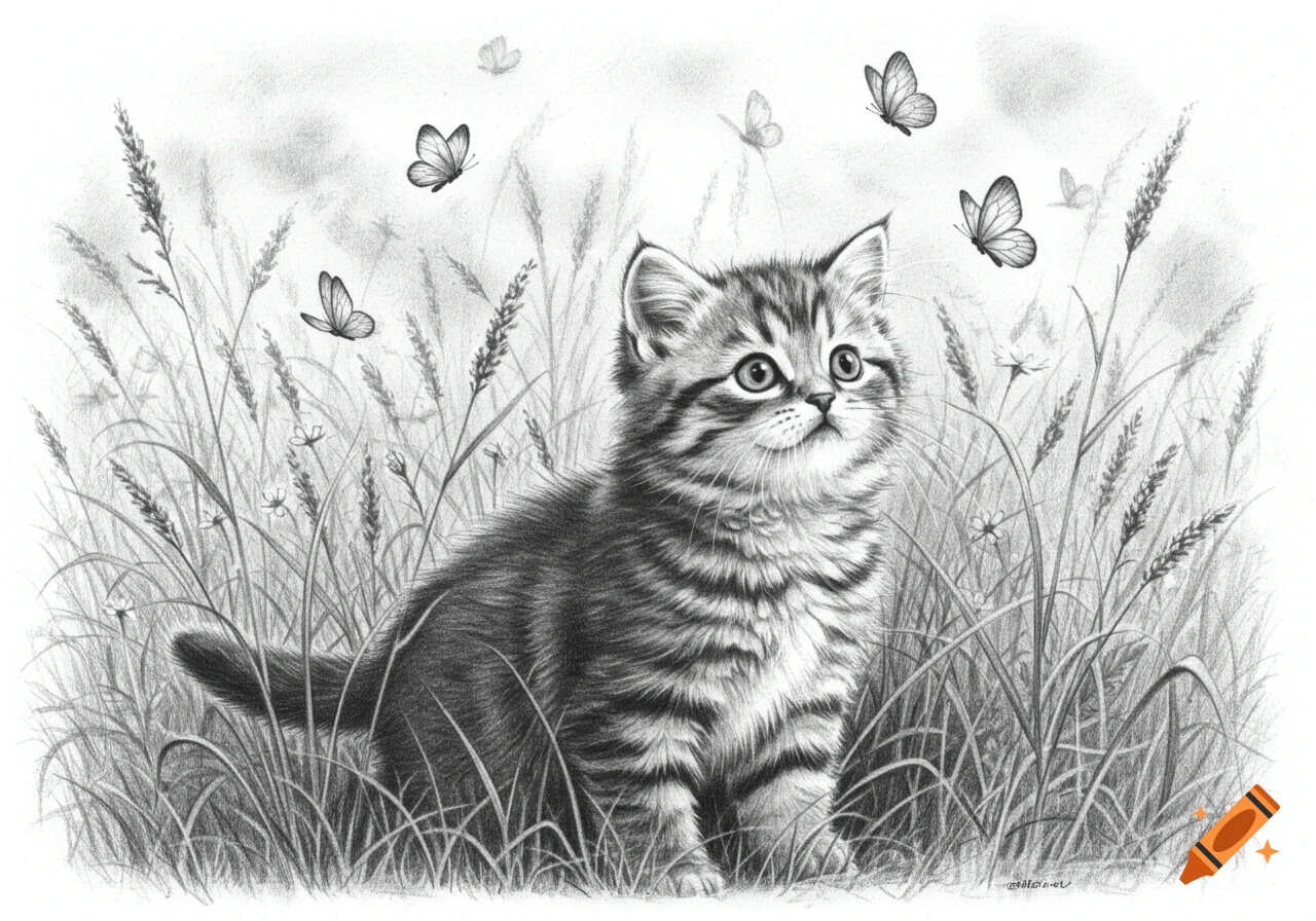 A black and white pencil drawing of a cute tabby kitten looking up at butterflies in a grassy field.