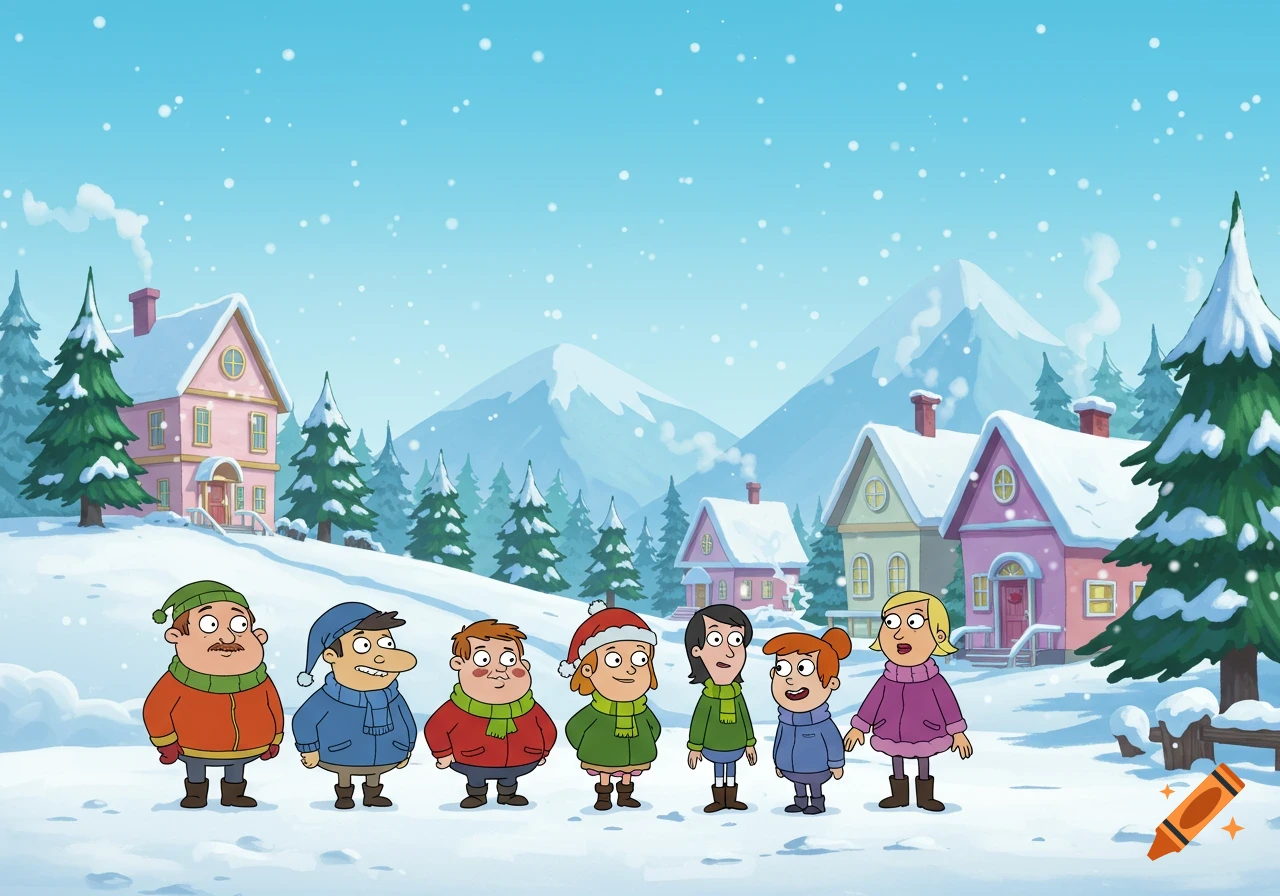 A group of cartoon characters in winter clothing standing in a snowy village with houses and mountains in the background.