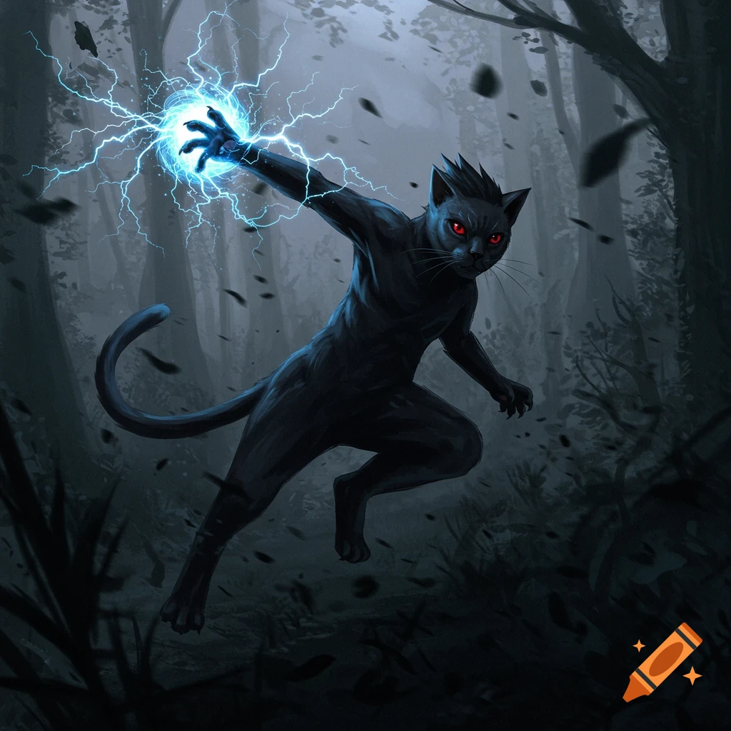 A black anthropomorphic cat-like creature with red eyes wields a glowing blue orb of lightning in a dark, misty forest.