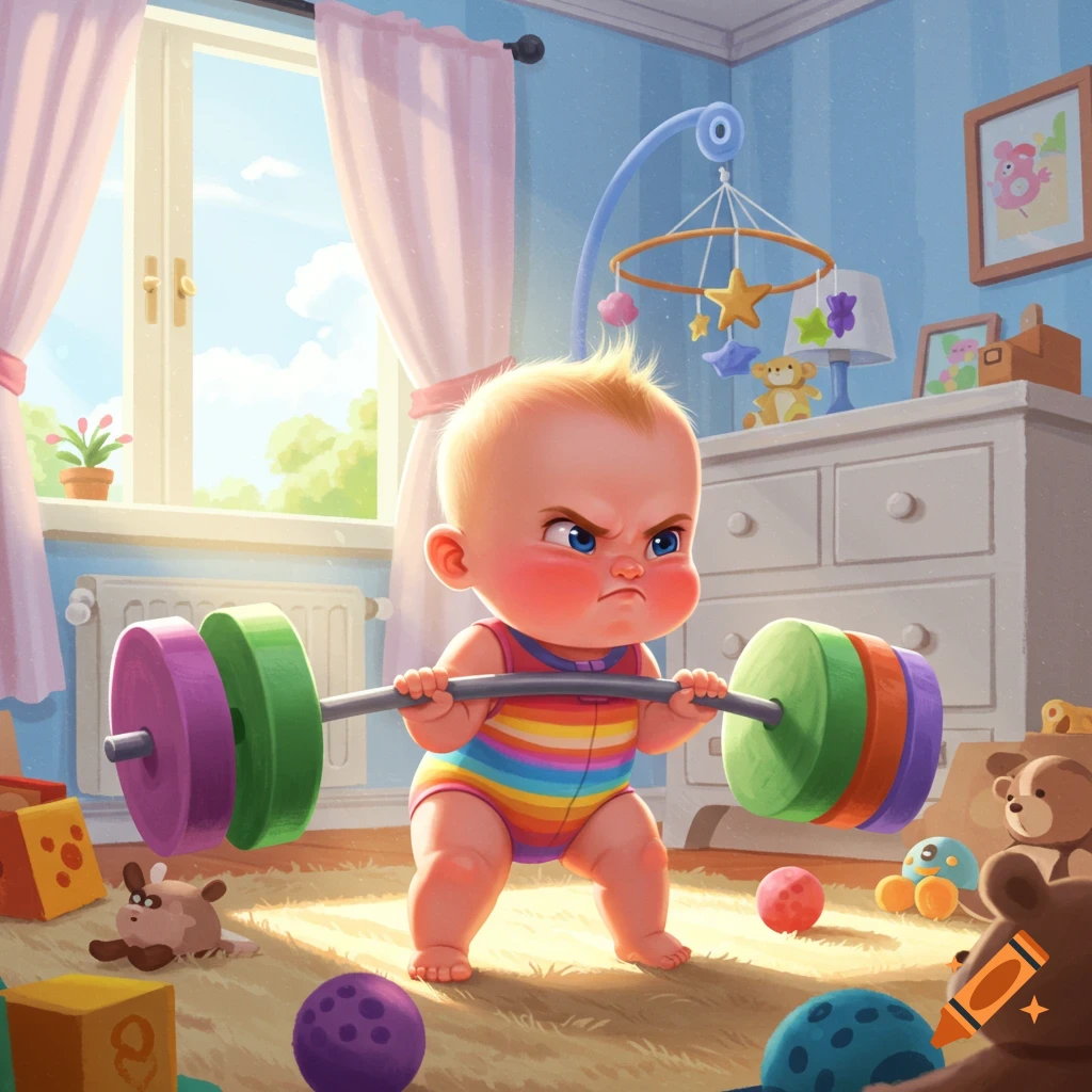 Cartoon baby in a rainbow onesie lifting a colorful barbell with an angry expression in a bright nursery room.