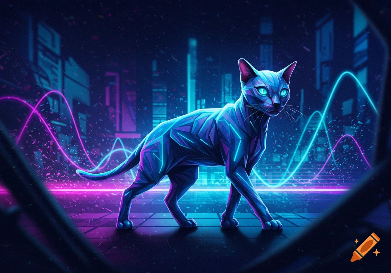 A geometric, cyberpunk cat with glowing blue eyes, outlined in neon purple and blue, walks in a futuristic city.