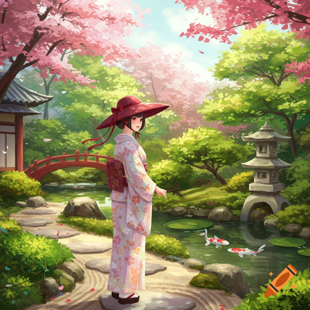 An anime woman in a light pink floral kimono and a wide red hat stands in a vibrant Japanese garden with cherry blossoms, a red bridge, and koi fish.