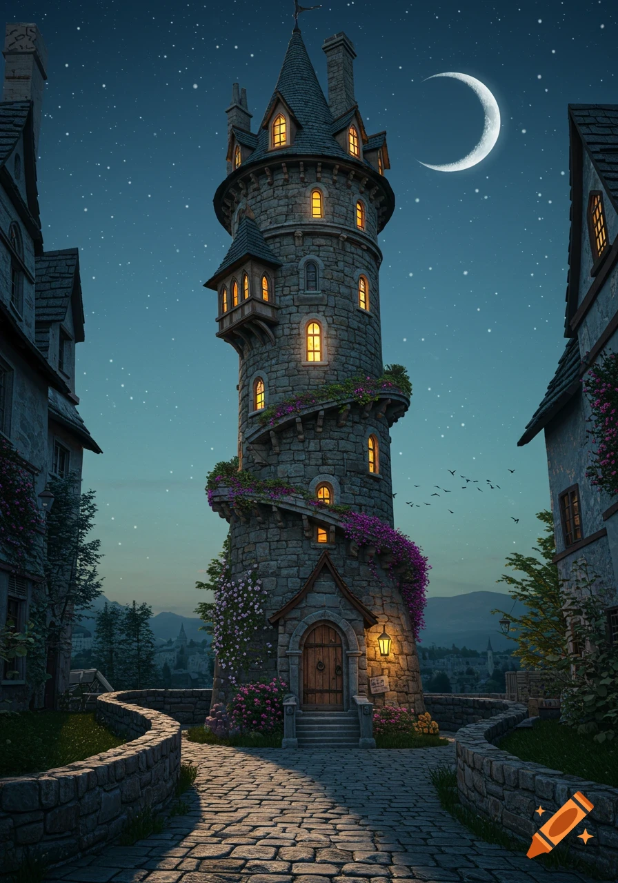A tall, whimsical stone wizard tower with glowing windows, covered in purple flowers, under a crescent moon and starry night sky.