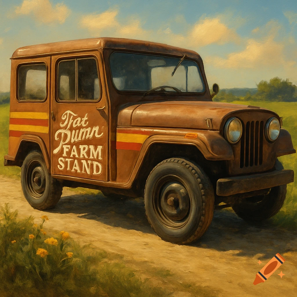 A brown vintage Jeep with side stripes and 'Fat Dumn Farm Stand' text, parked on a dirt road in a green field under a cloudy sky.