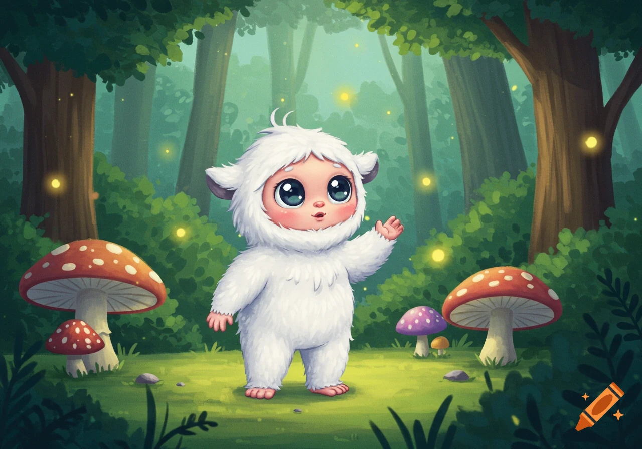 Cute cartoon baby yeti with big eyes waving in a whimsical forest with glowing fireflies and red-spotted mushrooms.