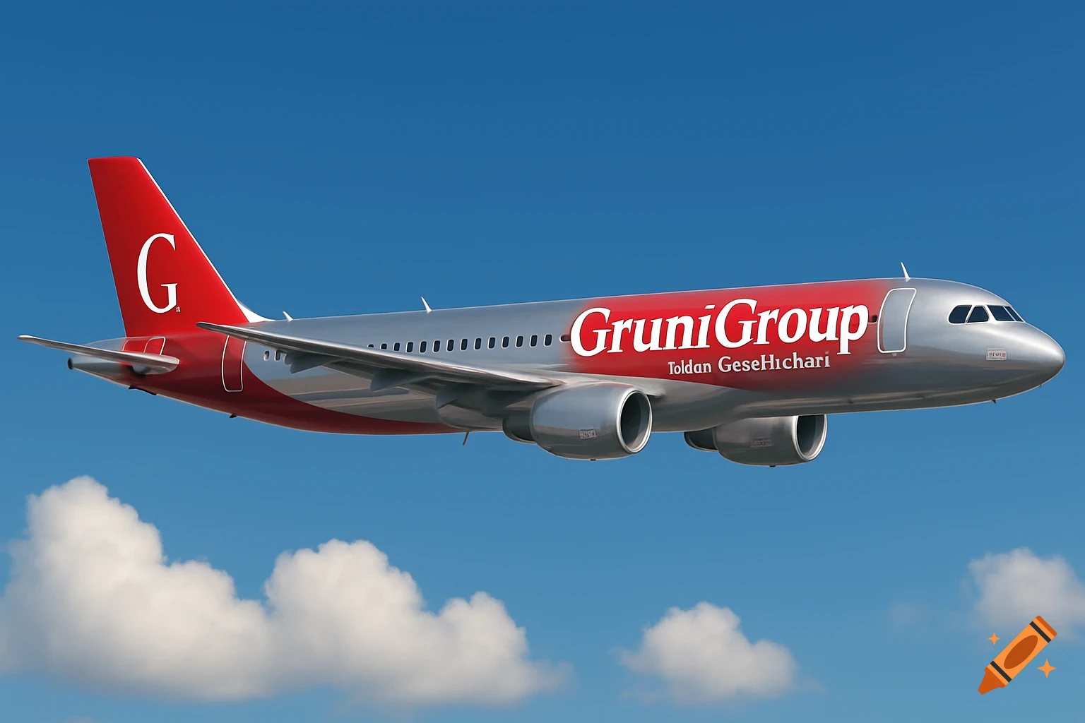 A silver and red passenger airplane, branded "GruniGroup", flies against a clear blue sky with white clouds.