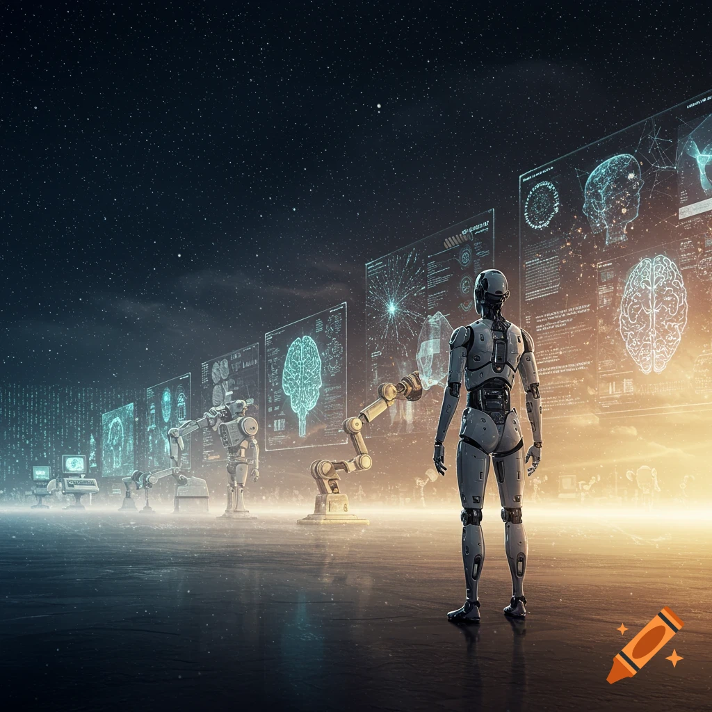 Robot looking at holographic screens displaying brain diagrams and data in a futuristic, starry setting.