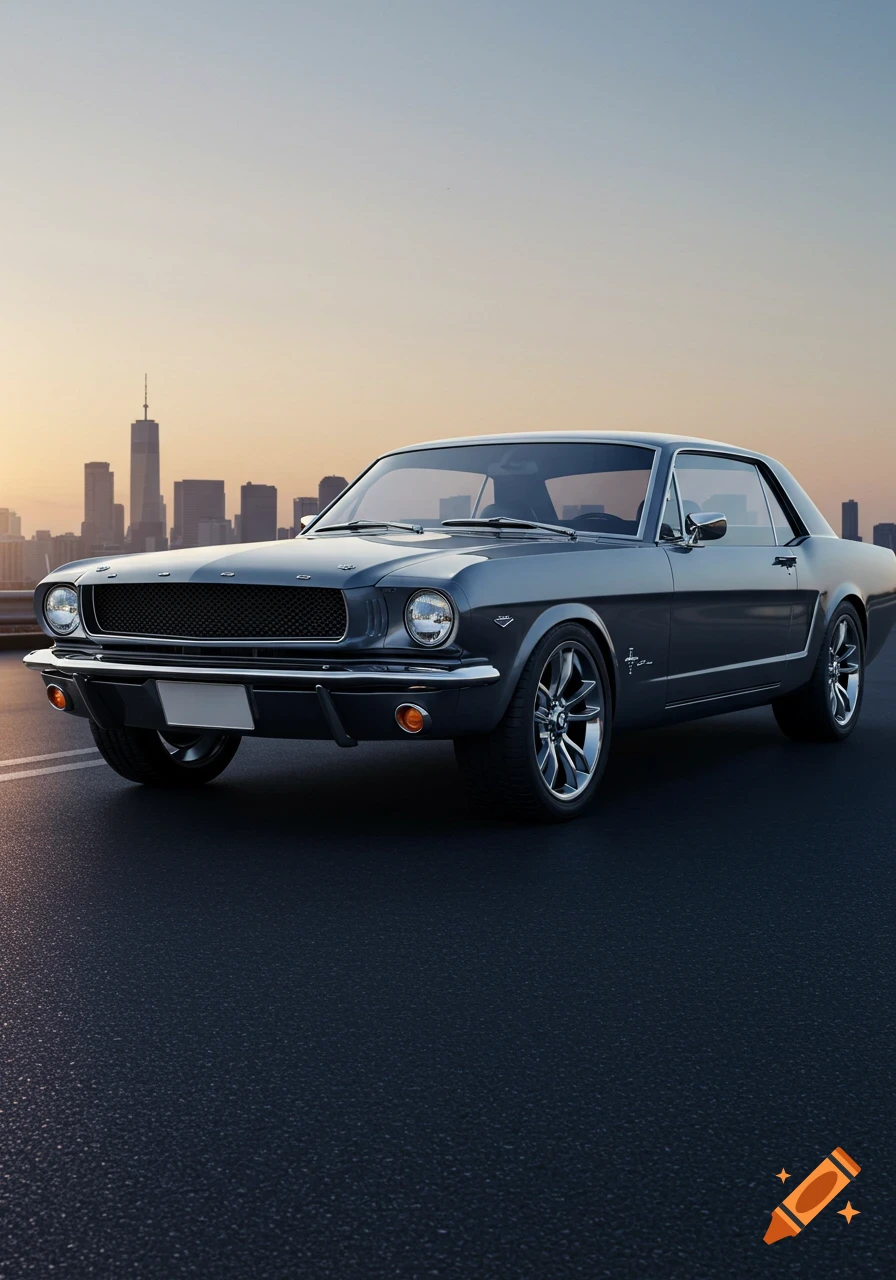A sleek gray classic car, a Ford Mustang 1965, on an asphalt road with a city skyline at sunset.