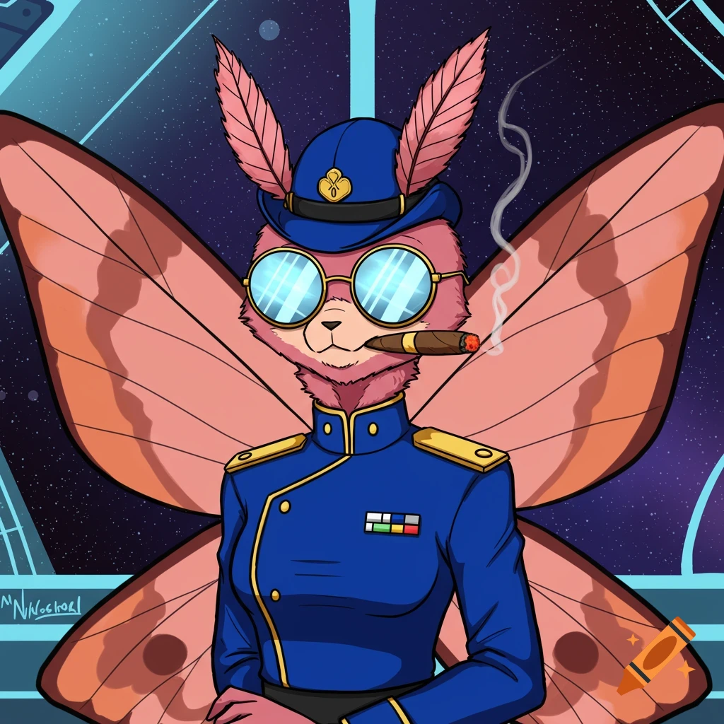 Cartoon rosy maple moth space captain in a blue uniform, hat, and mirrored sunglasses, smoking a cigar, with large pink wings and a starry background.