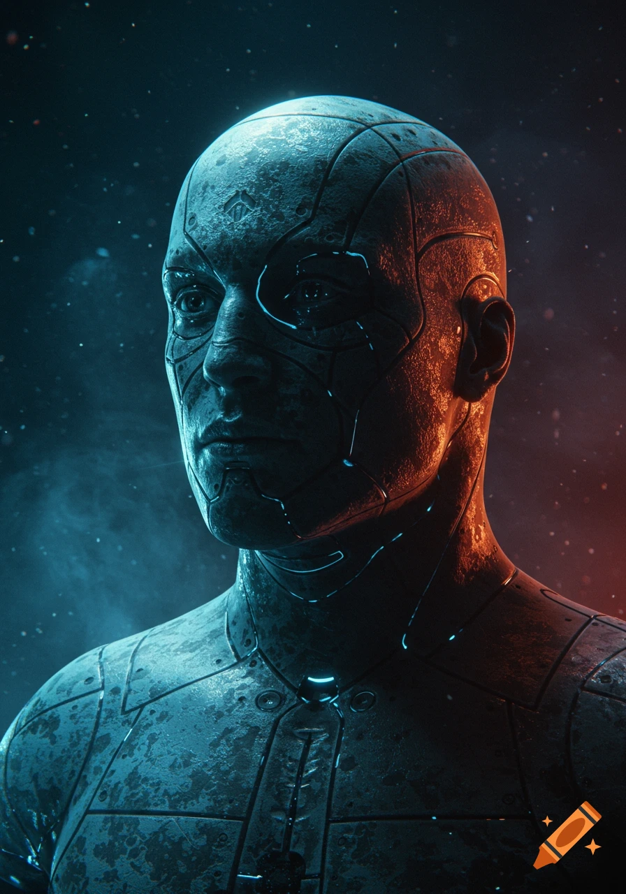 Close-up portrait of a futuristic cyborg figure with detailed metallic skin and glowing blue lines, lit by red and blue light.