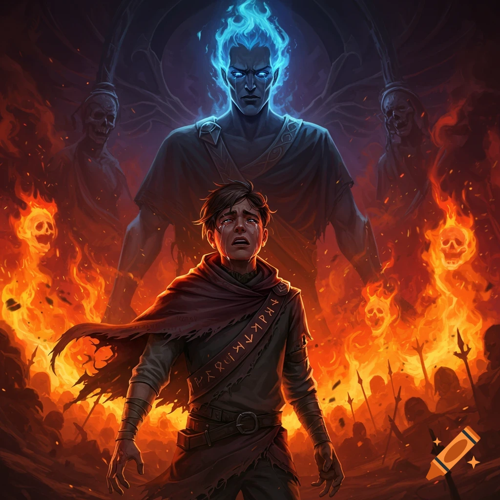 A crying boy in a dark cloak stands before a towering, blue, fiery Hades, surrounded by infernal flames.