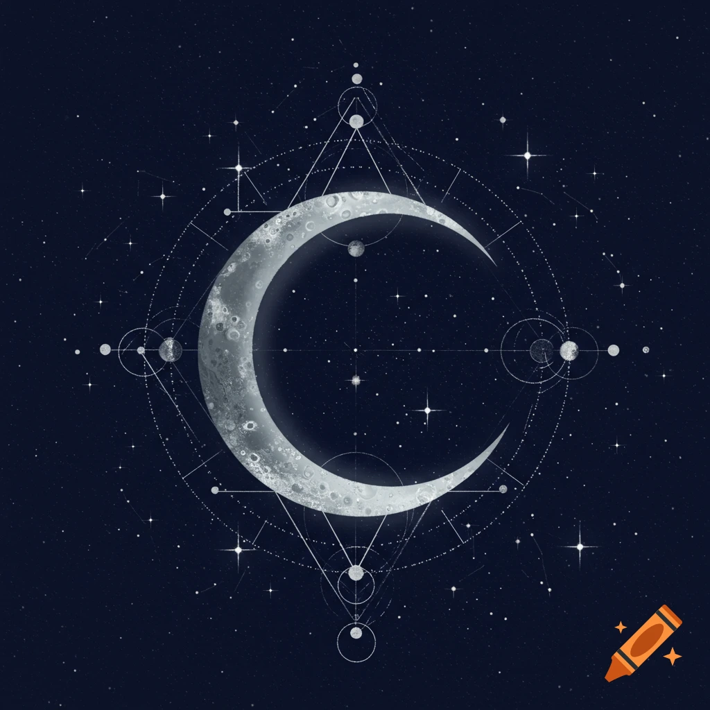 A stylized silver crescent moon with craters, surrounded by intricate geometric lines and numerous small stars against a deep blue starry night sky.