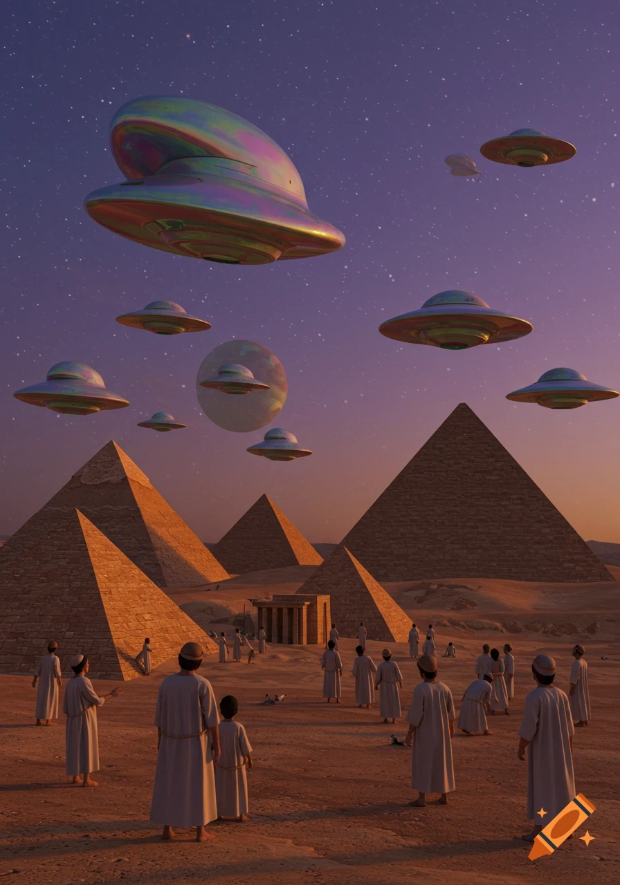 Ancient-clothed figures watch iridescent UFOs hover above Egyptian pyramids under a starry, purple sky. 1999 3D render style.