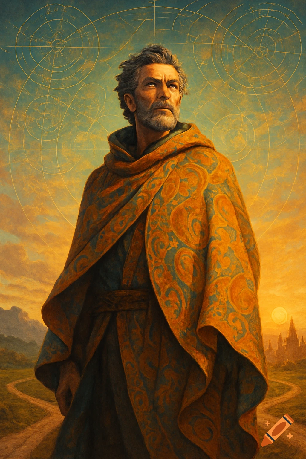 A wise, bearded old man in an ornate golden and teal robe stands under a celestial sky with a distant city, in a painting style.