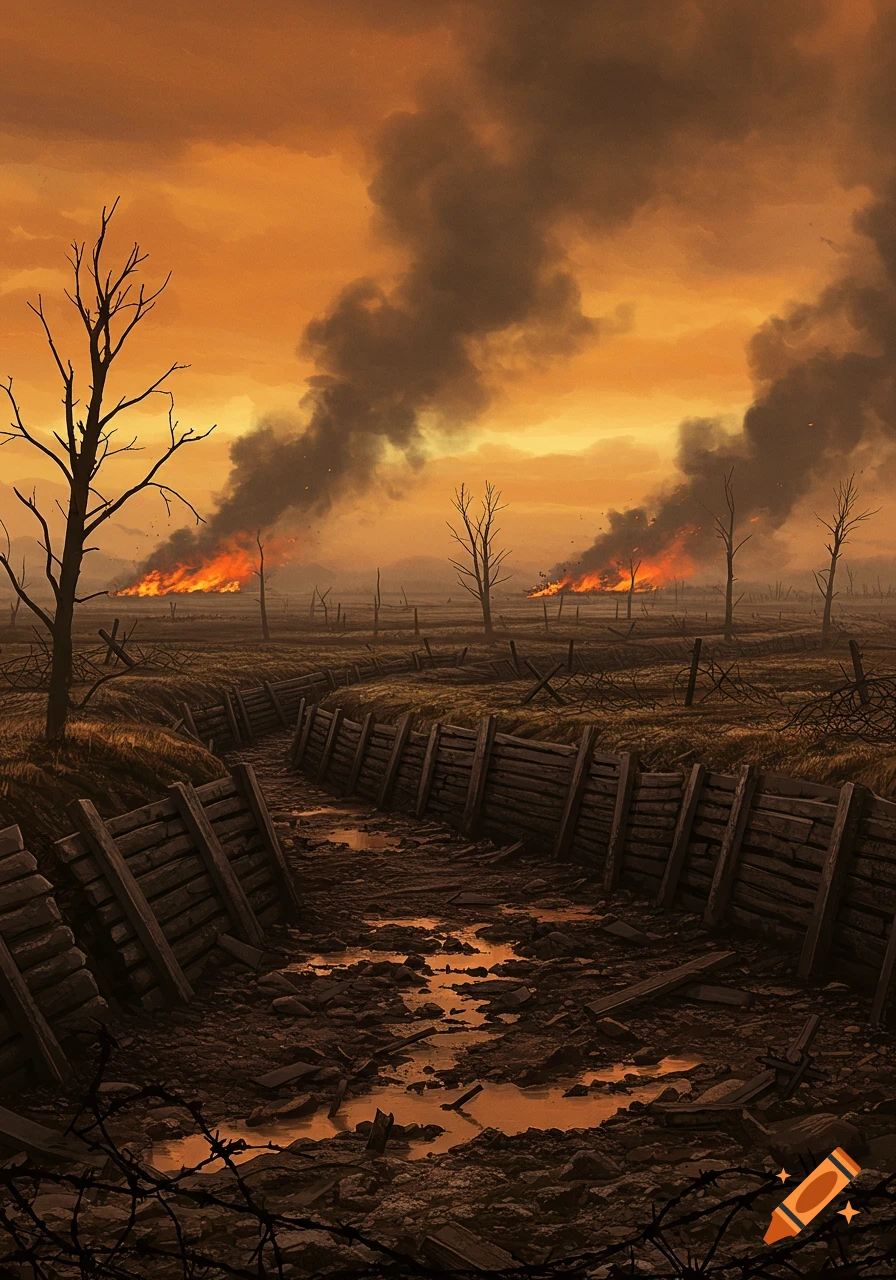 A desolate World War I battlefield with trenches, barbed wire, dead trees, and fires under an orange, smoke-filled sky.