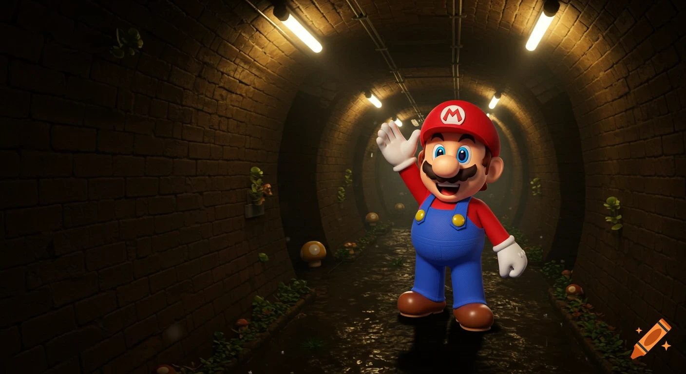 Super Mario waves cheerfully in a damp, dimly lit brick sewer tunnel with glowing lights and small mushrooms.