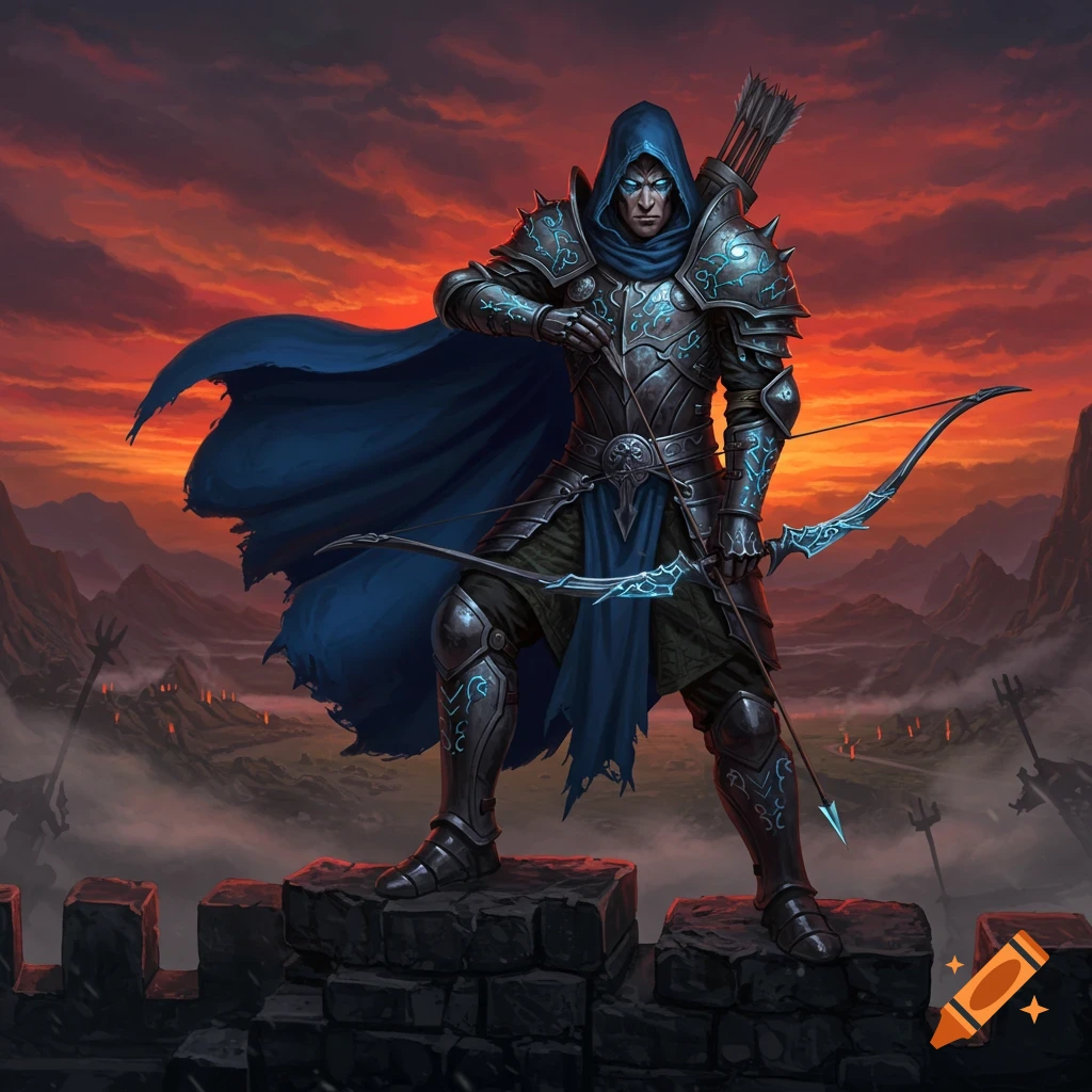 A heavily armored fantasy archer with glowing blue details stands on a stone wall against a dramatic red-orange sky.
