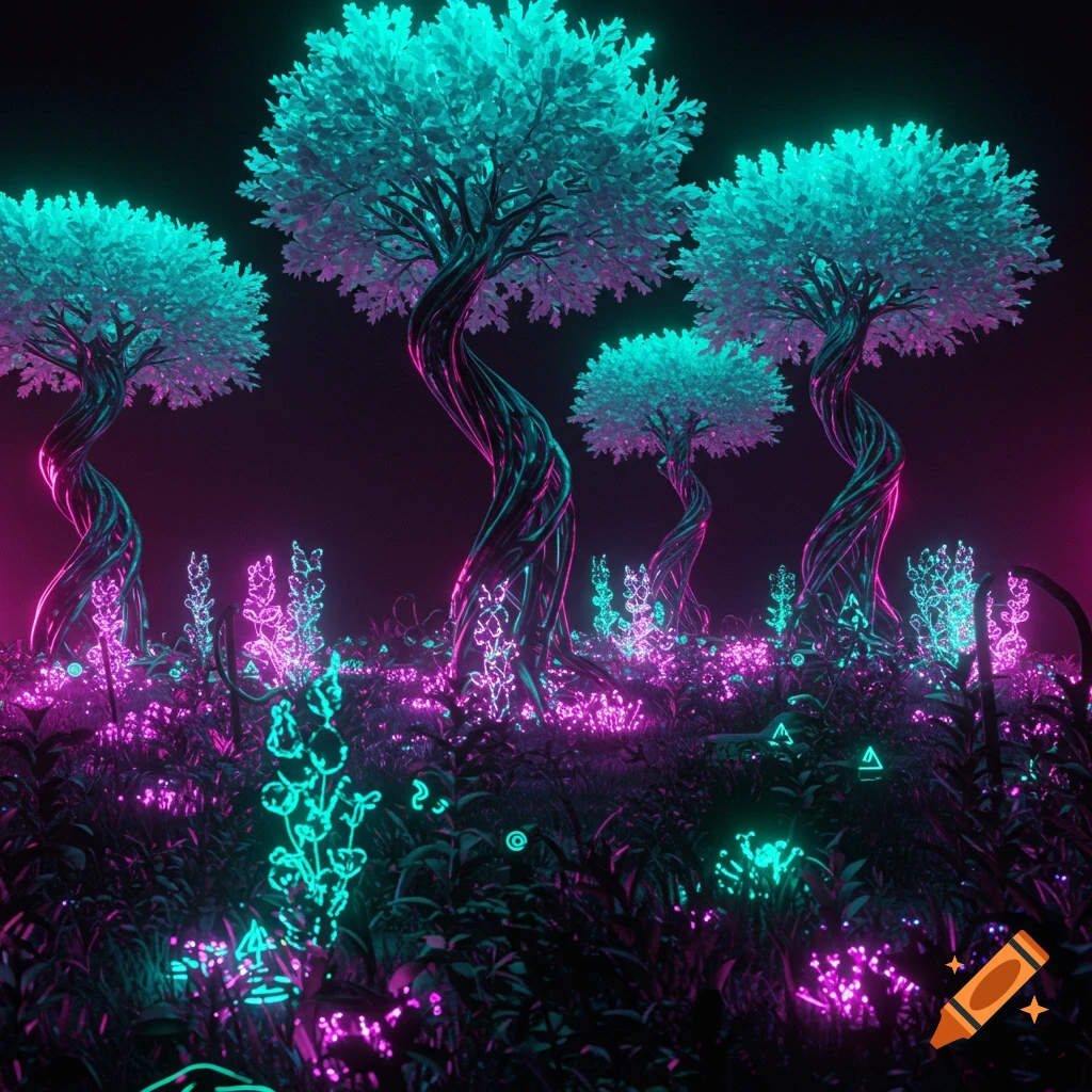 A vibrant dark fantasy forest scene with glowing turquoise trees and neon pink and blue luminous plants.