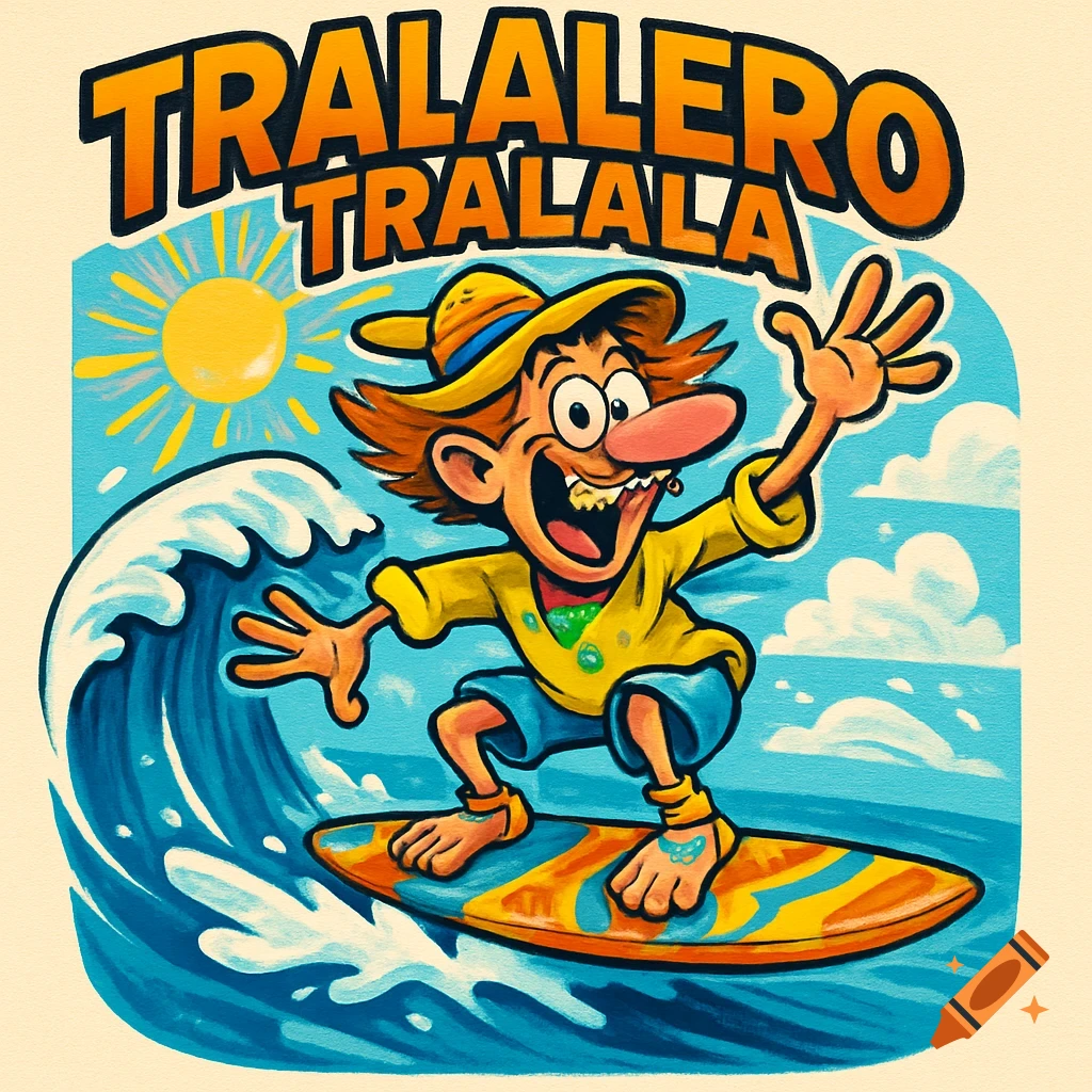 Vibrant cartoon logo of a goofy character in a straw hat surfing a wave under a sunny sky, with 'TRALALERO TRALALA' text above.