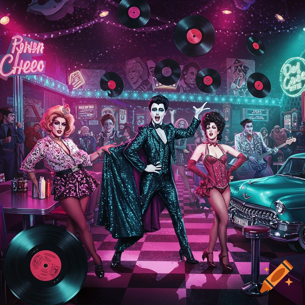 A stylized illustration of three flamboyantly dressed characters in a neon-lit 1950s diner with floating vinyl records.
