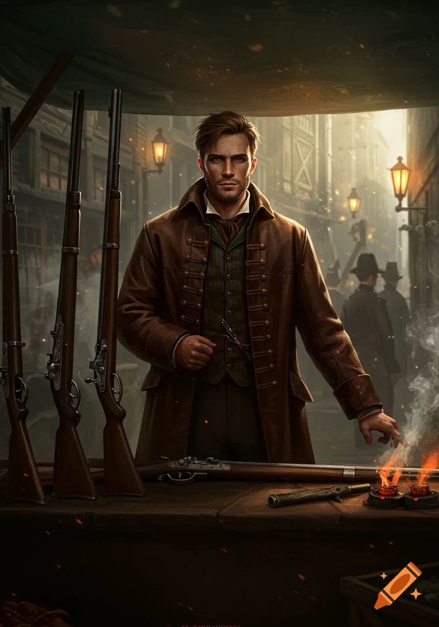 A determined 19th-century man in a brown coat sells rifles at a bustling, lamp-lit market stall, with smoke rising from a small fire.