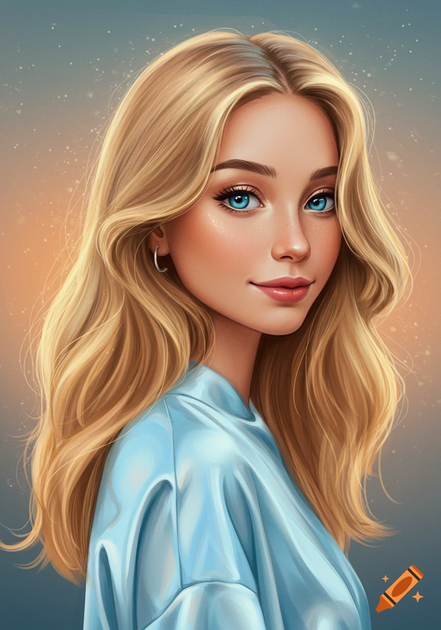 Digital art portrait of a young woman with long blonde hair and bright blue eyes, wearing a light blue silk tunic.