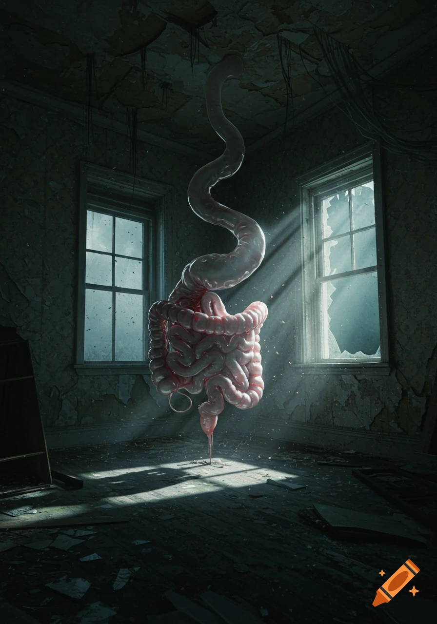 A surreal, glowing gut system hangs from the ceiling in a decaying abandoned room with broken windows, bathed in light rays.
