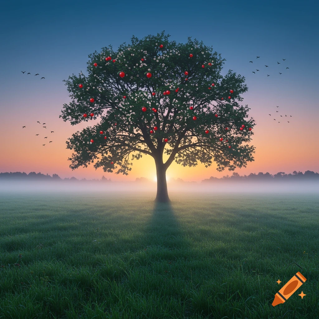 Photorealistic apple tree in a misty field at sunrise/sunset, with birds flying in the gradient sky.