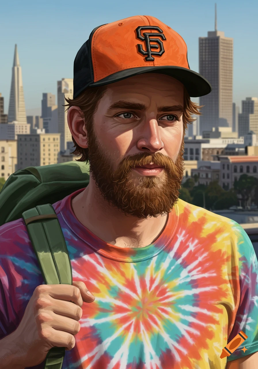 Bearded man in an SF Giants hat and tie-dye shirt, carrying a green backpack, with a cityscape in the background, in a digital painting style.