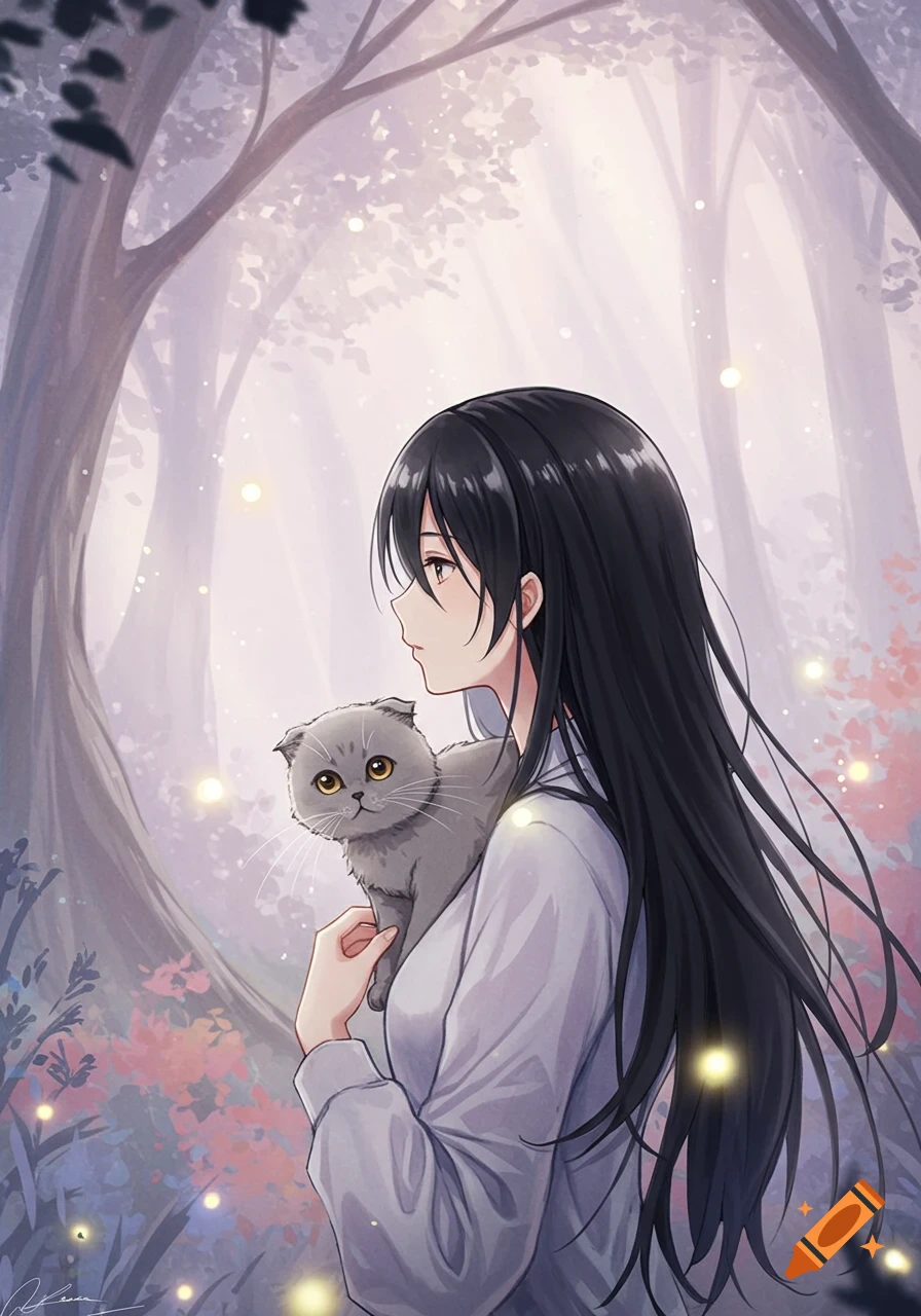 Anime girl with long black hair holding a gray Scottish Fold cat in a magical forest with soft colors and gentle light.