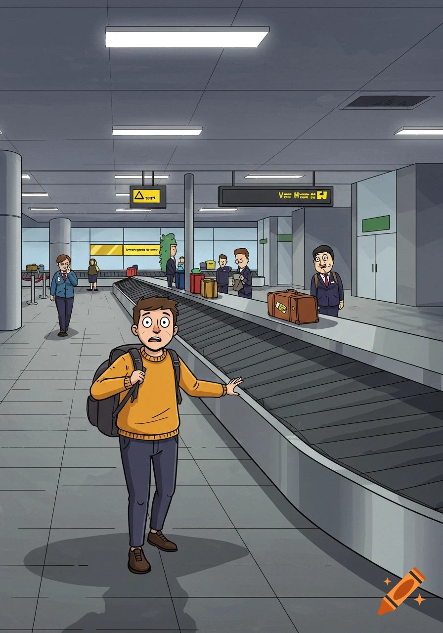 A worried cartoon man with a backpack stands by an empty baggage carousel in an airport, while others collect luggage.
