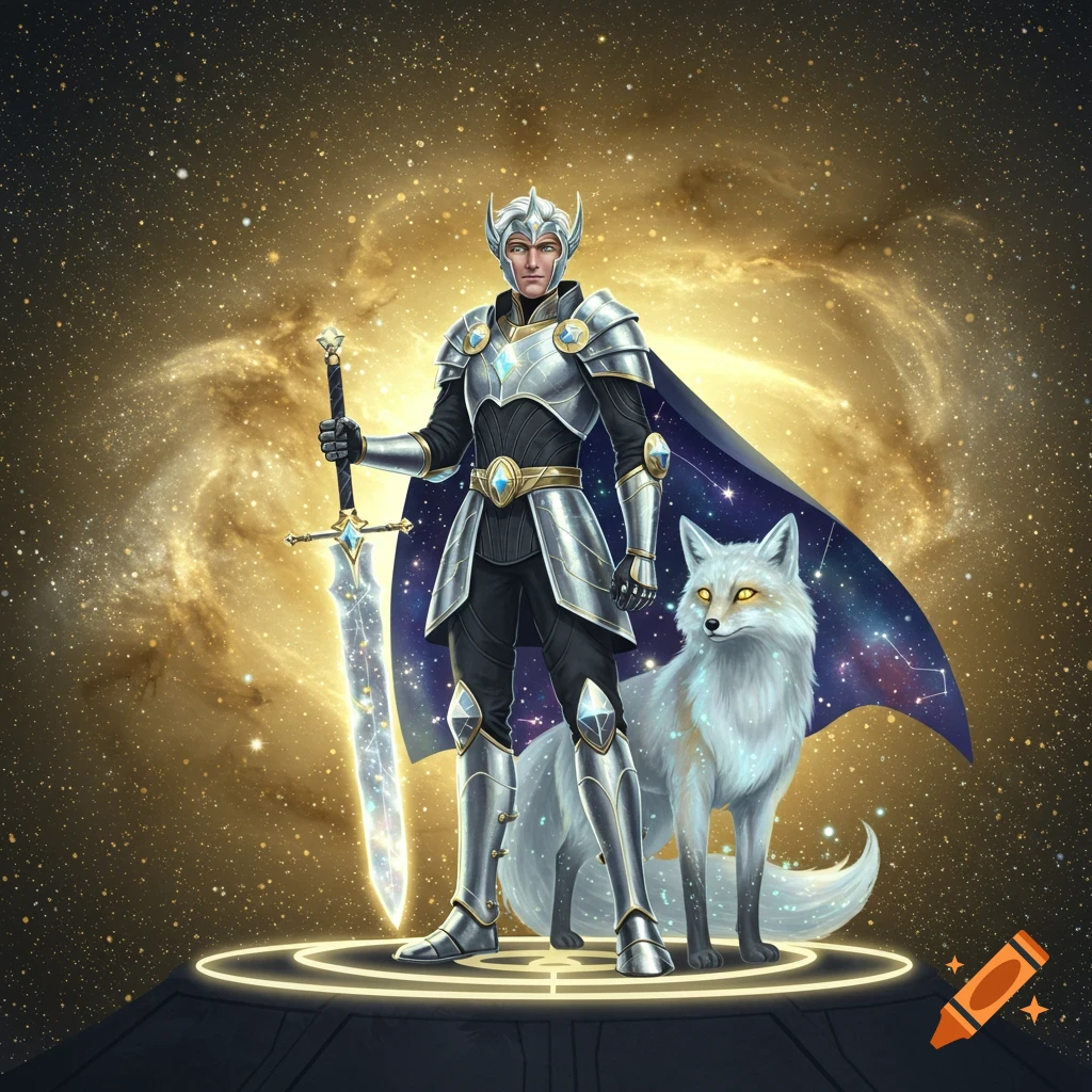 A heroic galactic warrior in silver armor and starry cape with a glowing sword, beside a comet-fox, in a golden starry galaxy.