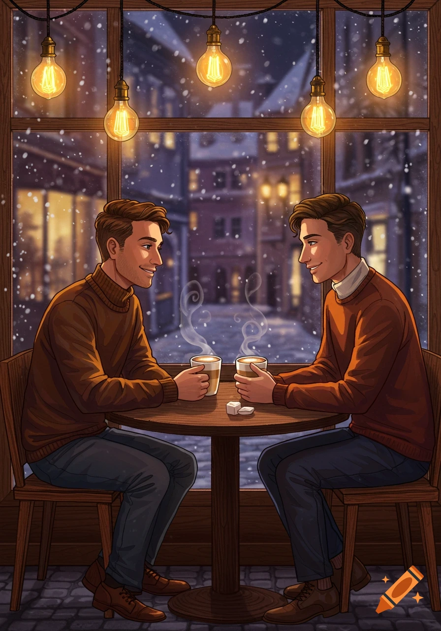 Illustration of two men smiling at each other in a cozy cafe with snow falling outside.