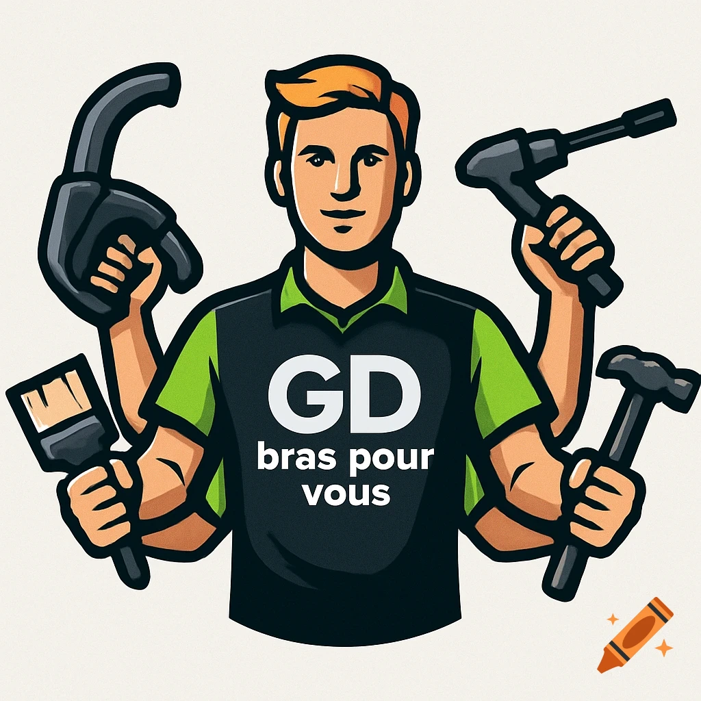 Cartoon logo of a man with multiple arms holding a leaf blower, pressure washer, paintbrush, and hammer, with 'GD bras pour vous' on his shirt.