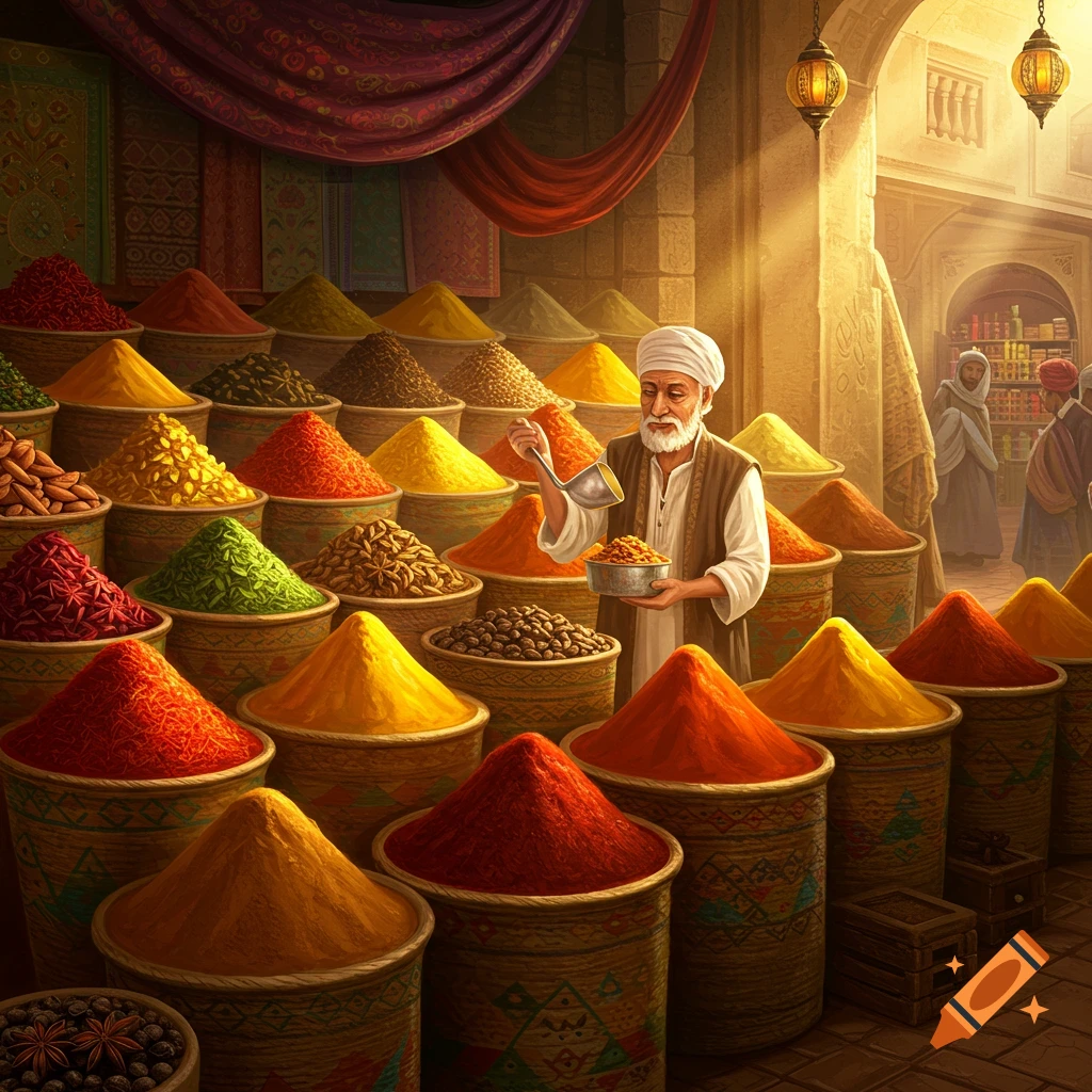 An old man in a turban stands amidst tall woven baskets filled with colorful piles of spices in a sunlit bazaar.