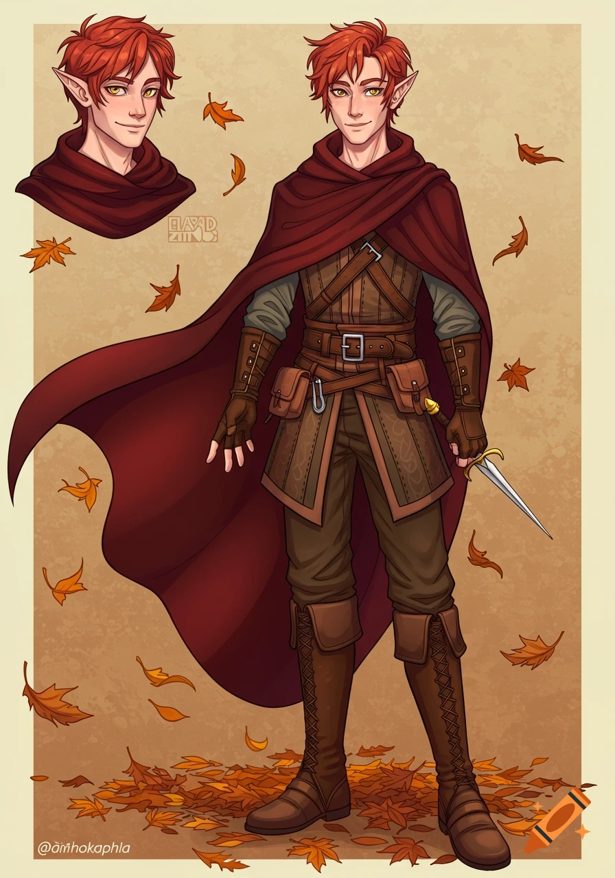 A young male elven rogue with red hair, amber eyes, and a red cloak, standing in autumn leaves in a character design sheet style.