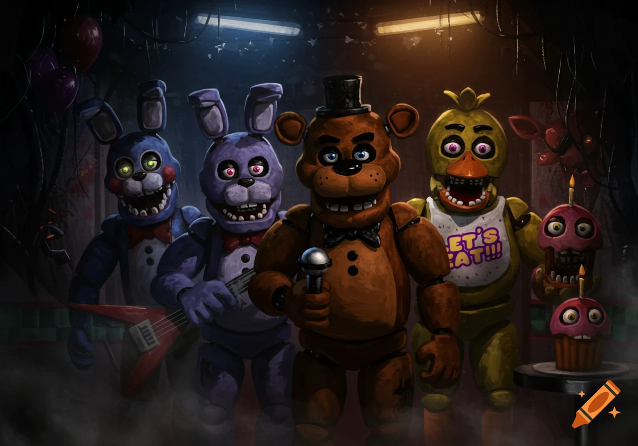 Acrylic painting of the Five Nights at Freddy's animatronics Freddy, Bonnie, and Chica with cupcakes, in a dark, eerie room.