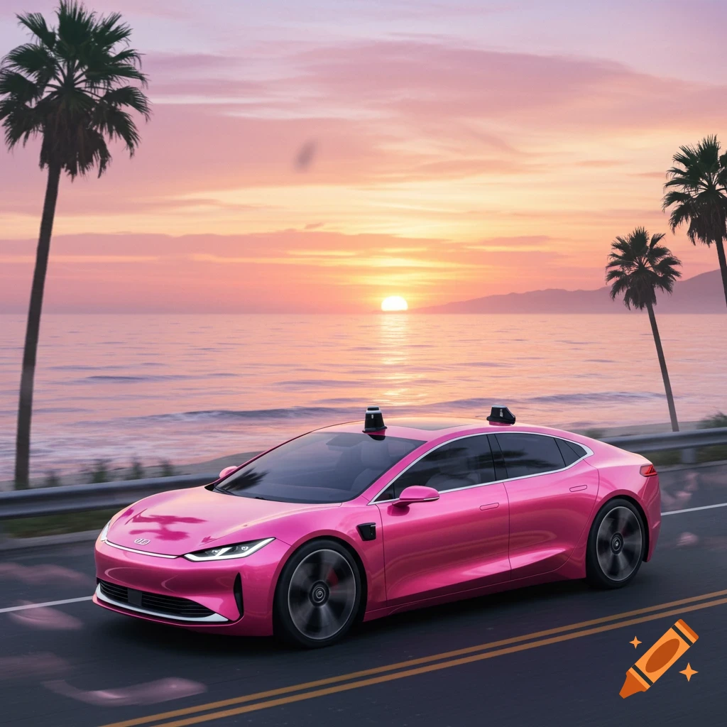 A sleek, pink autonomous car drives along a coastal road at sunset, with palm trees lining the ocean.