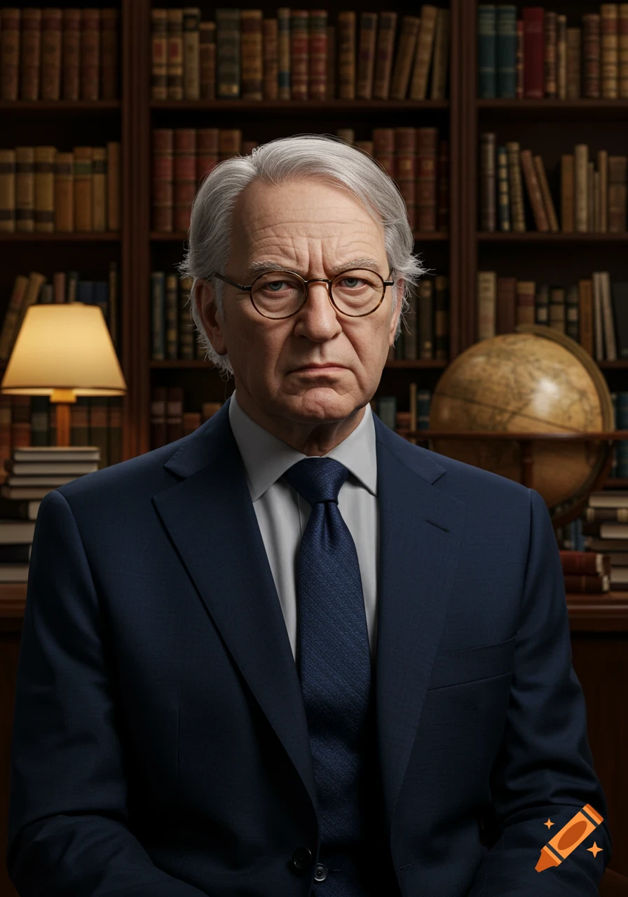 Photorealistic portrait of a serious, gray-haired man in a dark blue suit and glasses, sitting in a study with bookshelves and a globe.