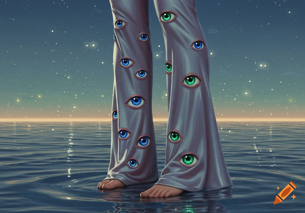 A pair of legs in long pants covered with many blue and green eyes stands in shallow water under a starry sky, surreal art.