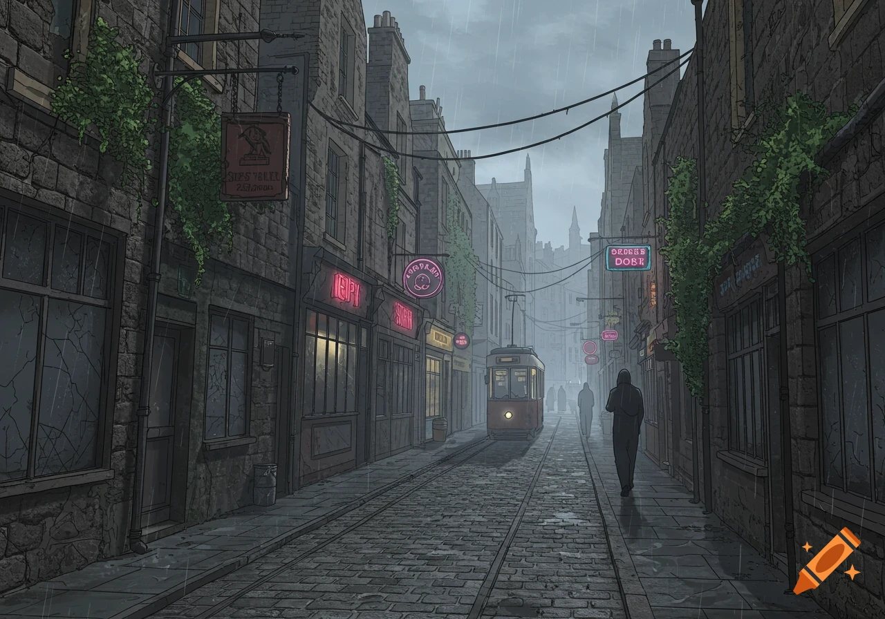A rainy dystopian Scottish street in manga style, with a tram, old stone buildings, and a lone figure walking.