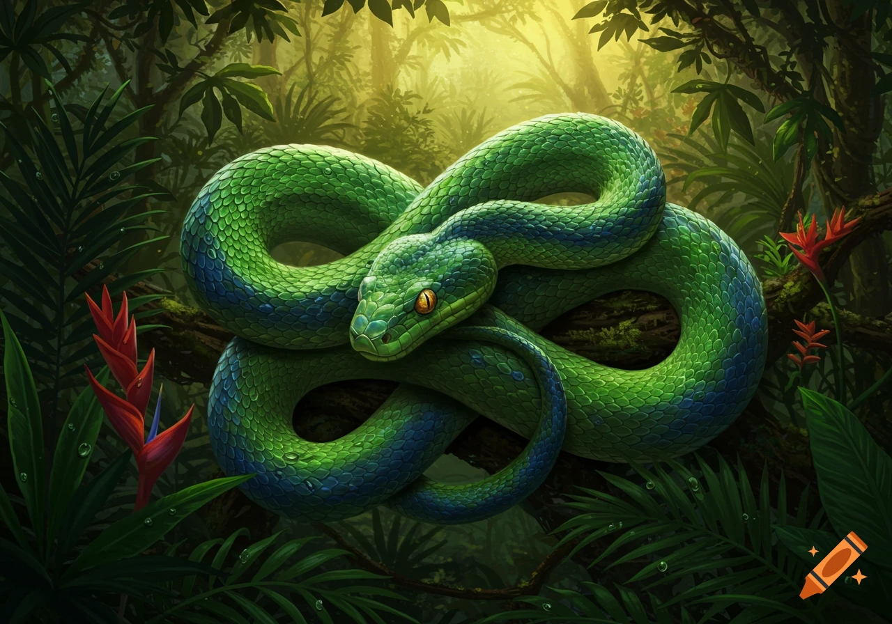 A vibrant green snake with blue markings coiled on a branch in a lush, sun-drenched jungle, digital art.