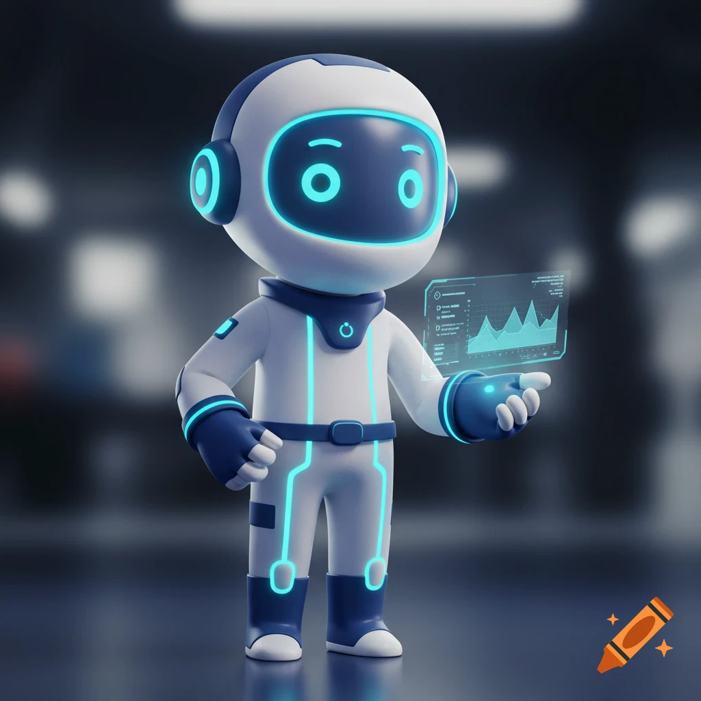 A futuristic, gender-neutral robot mascot in a blue and white tech outfit holds a glowing holographic tablet with a data graph.