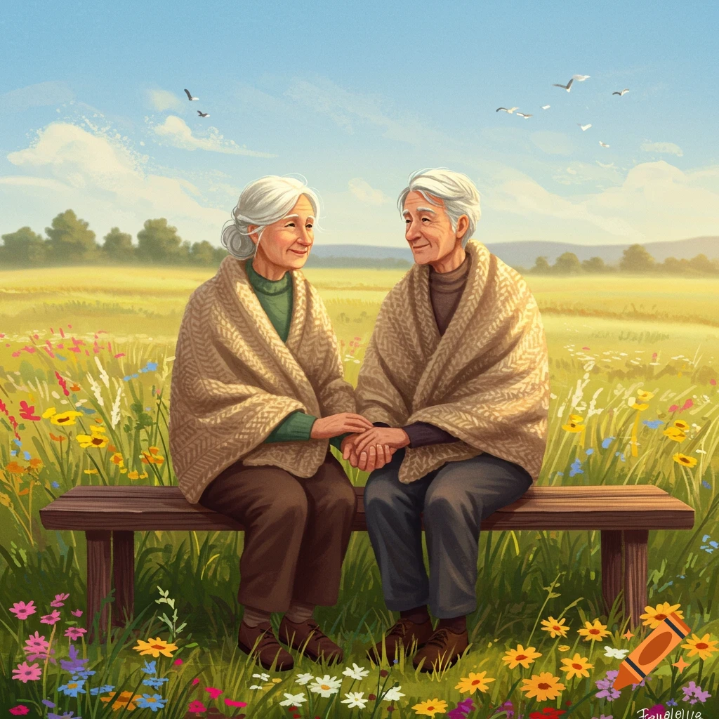 Digital painting of an elderly couple holding hands on a wooden bench in a field of colorful wildflowers under a blue sky.