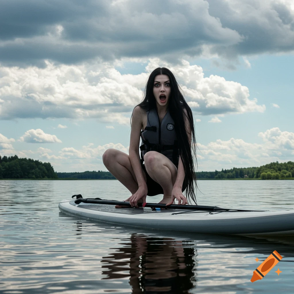 A pale goth woman with long dark hair squats on a paddleboard in a lake, making an exaggerated fearful face. She wears a lifejacket and shorts under a cloudy sky.